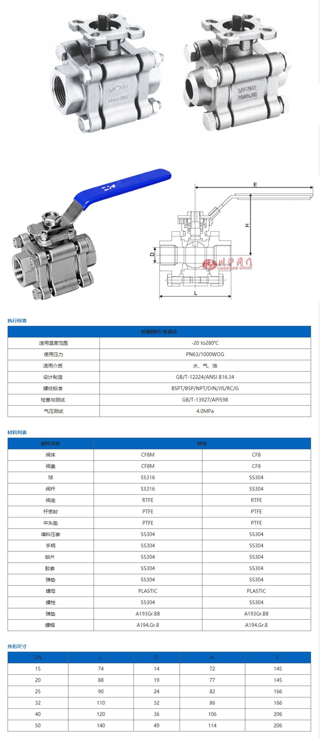 2000WOG球阀参数